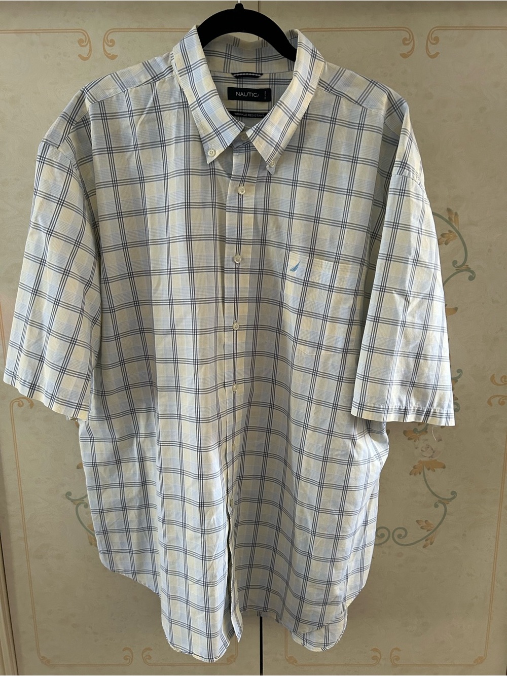 Nautica Men’s Short Sleeve Plaid Button-Down Shirt - Light Blue & White
